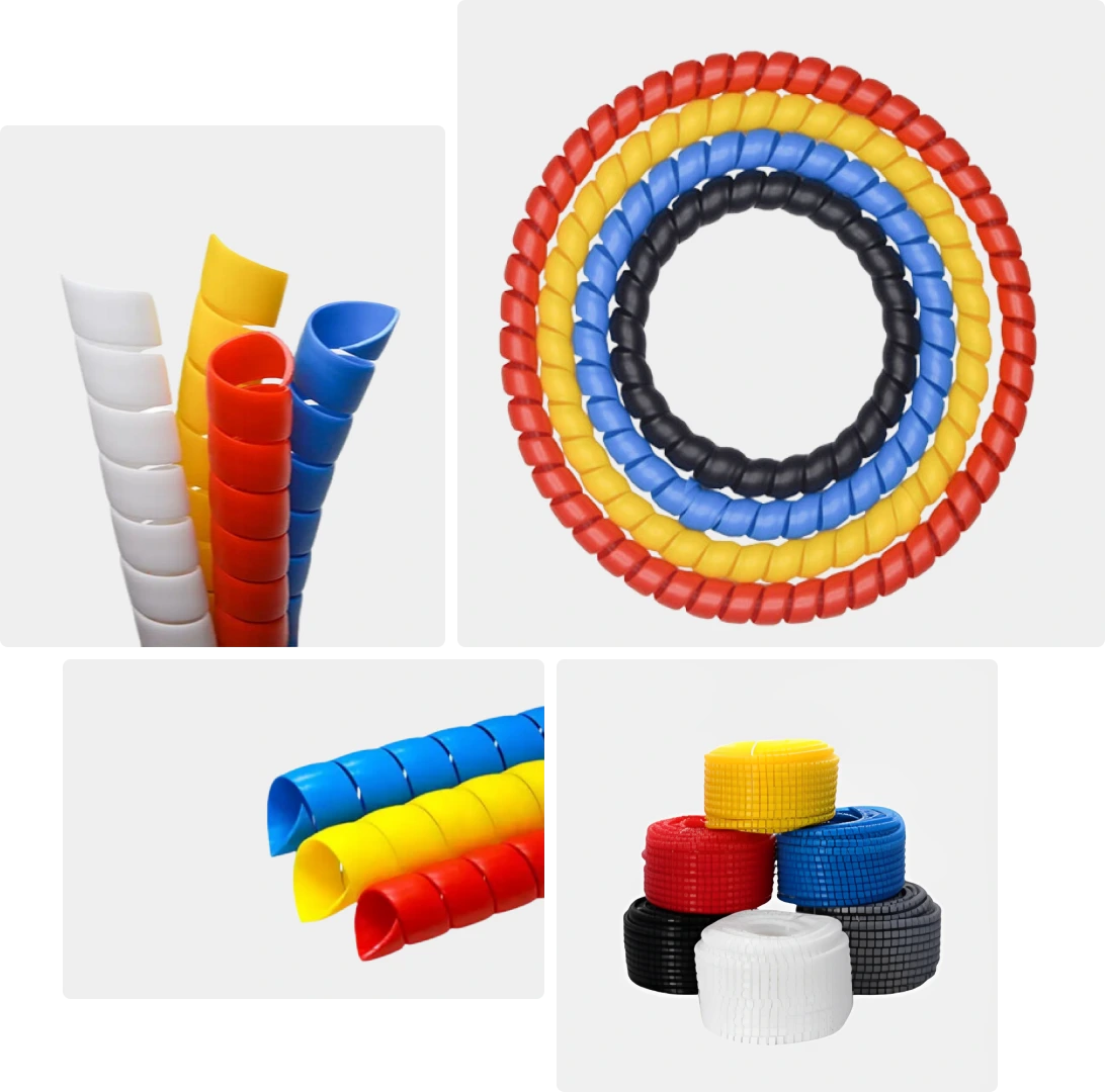 Colorful spiral pipe covers for cable management and industrial protection by asmco - durable and flexible PVC spiral wraps for organized wiring and safety